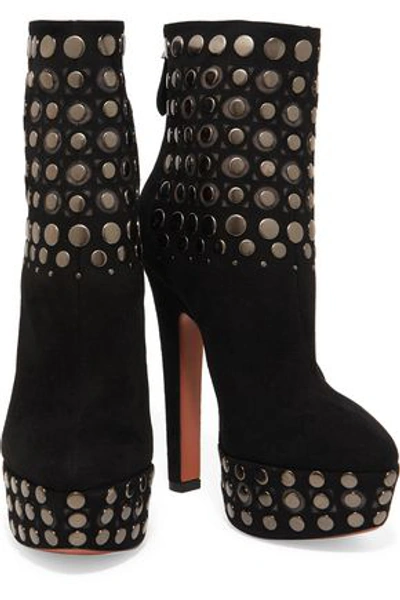 Alaïa Woman Studded Laser-cut Suede Platform Ankle Boots Black