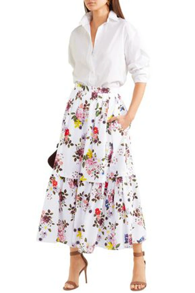 Erdem Leigh Layered Floral-print Cotton-poplin Maxi Skirt In White