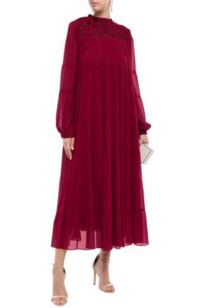 Giambattista Valli Guipure Lace-paneled Gathered Silk-chiffon Midi Dress In Claret