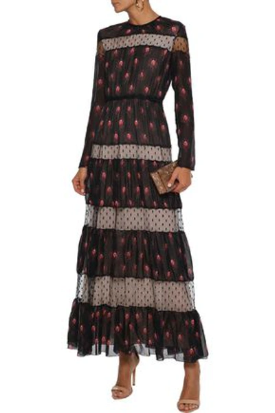 Giambattista Valli Woman Swiss-dot Tulle-trimmed Floral-print Silk-chiffon Maxi Dress Black