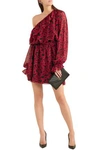 SAINT LAURENT SAINT LAURENT WOMAN ONE-SHOULDER RUFFLED FLORAL-PRINT SILK-CHIFFON MINI DRESS CRIMSON,3074457345620842242