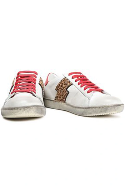 Amiri Woman Leopard-print Calf Hair-appliquéd Distressed Leather Sneakers White