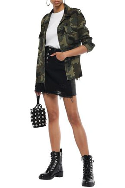 Amiri Distressed Leather-paneled Denim Mini Skirt In Black