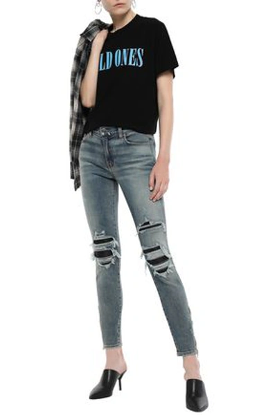 Amiri Woman Leather-trimmed Distressed Mid-rise Skinny Jeans Mid Denim