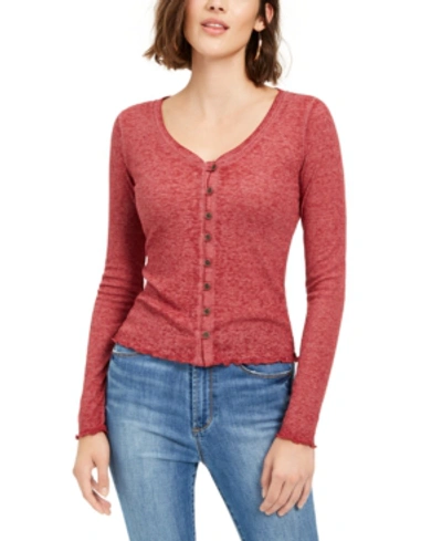 Almost Famous Crave Fame Juniors' V-neck Button-front Shirt In Burgundy