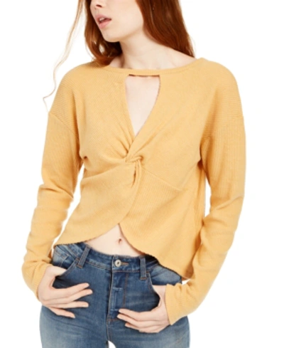 Almost Famous Crave Fame Juniors' Cozy Twist-back Ribbed Top In Mineral Yellow