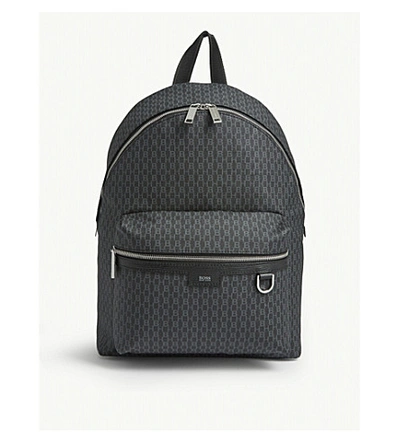 Hugo Boss Monogram-print Backpack In Coated Italian Fabric In Black