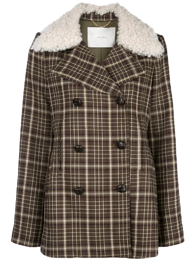 Adam Lippes Double-face Plaid Wool Pea Coat With Shearling Collar