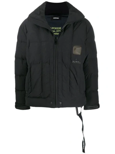 Diesel Down Jacket With Window Details In Black