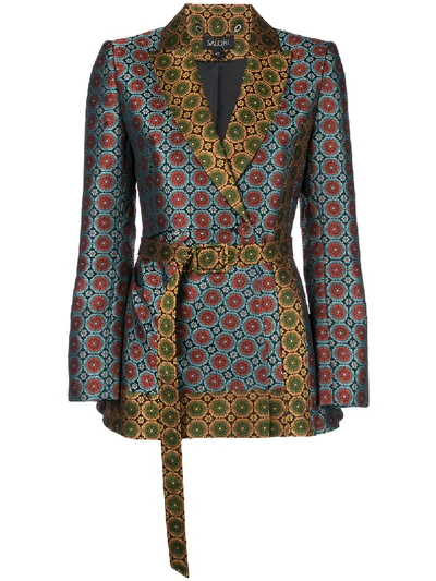 Saloni Maxima Floral Wool Jacquard Belted Blazer In Blue