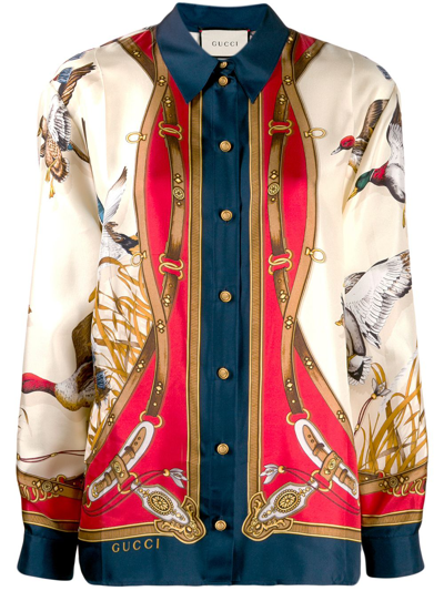 Gucci Multicolor Women's Multicolored Bird Print Shirt In Neutrals