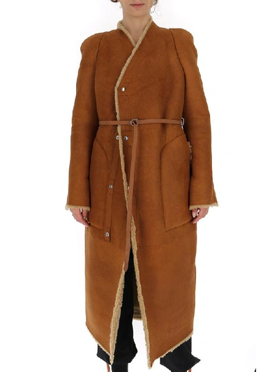 Rick Owens Nomi Shearling Belted Coat In Brown