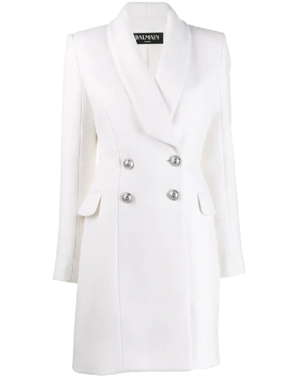Balmain Double Breasted Long Line Jacket In White