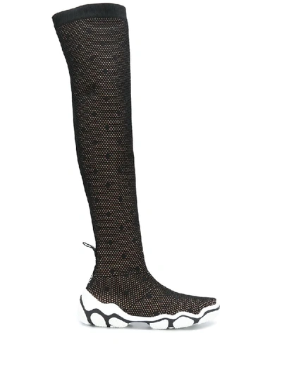 Red Valentino Polka Dot Mesh Thigh-high Boots In Black