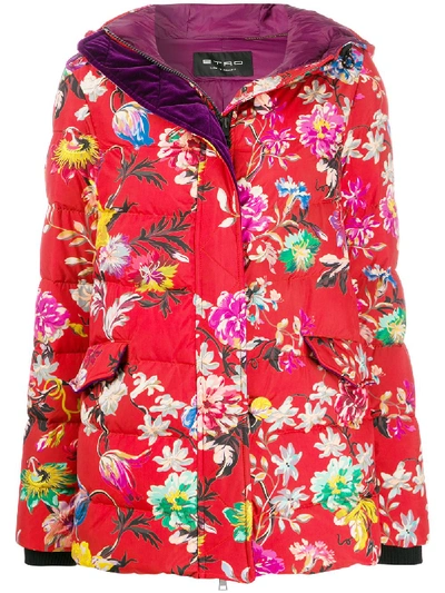 Etro Floral Print Puffer Jacket In Red