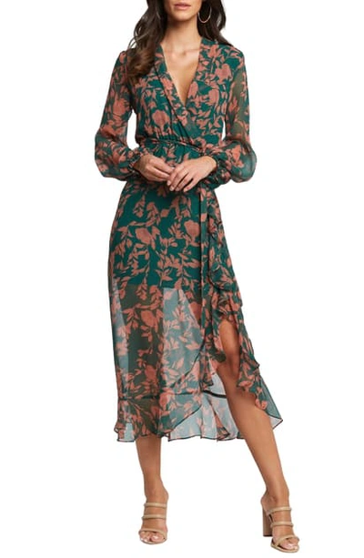 Bardot Justine Long Sleeve Floral Chiffon Dress In Green Floral