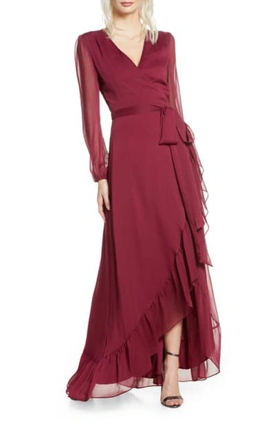 Wayf Meryl Long Sleeve Wrap Maxi Dress In Bordeaux