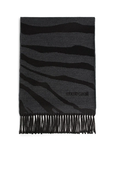 Roberto Cavalli Zebra Stripe Wool Jacquard Scarf In Black