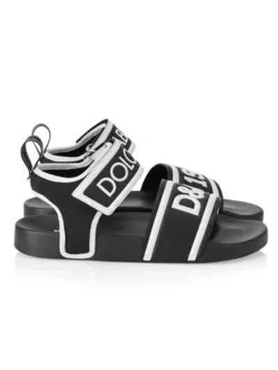 Dolce & Gabbana Logo Ankle Strap Flat Sandals In Black White