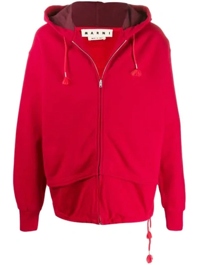 Marni Logo Embroidery Zipped Hoodie In Red