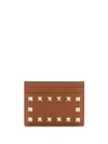 Valentino Garavani Rockstud Leather Card Holder In Brown