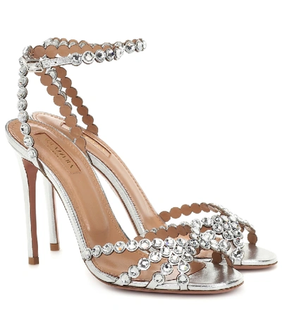 Aquazzura Tequila 105 Crystal-embellished Pvc And Metallic Leather Sandals In Silver