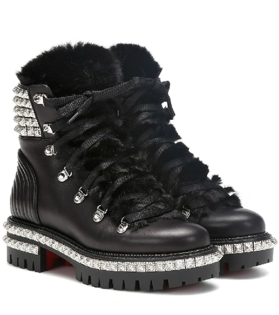 Christian Louboutin Yeti Donna Shearling-trimmed Studded Leather Ankle Boots In Black,silver