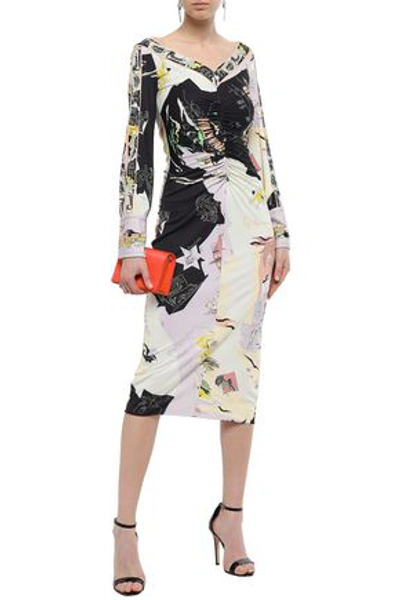 Pucci Ruched Printed Jersey Midi Dress In Black