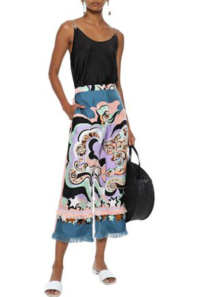 Emilio Pucci Woman Cropped Fringe-trimmed Printed Silk-twill Wide-leg Pants Cobalt Blue