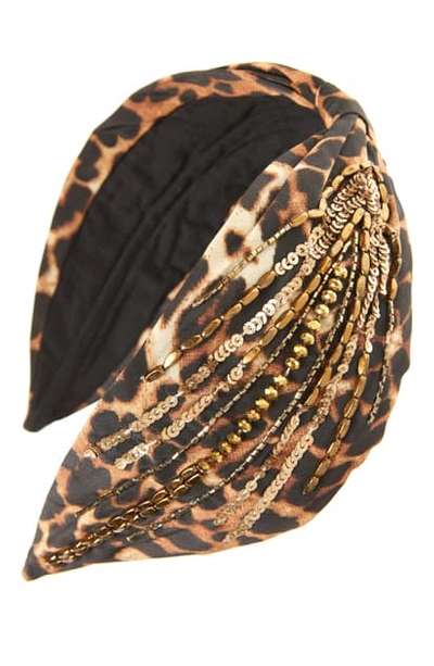 Namjosh Beaded Leopard Print Headband In Brown/ Gold