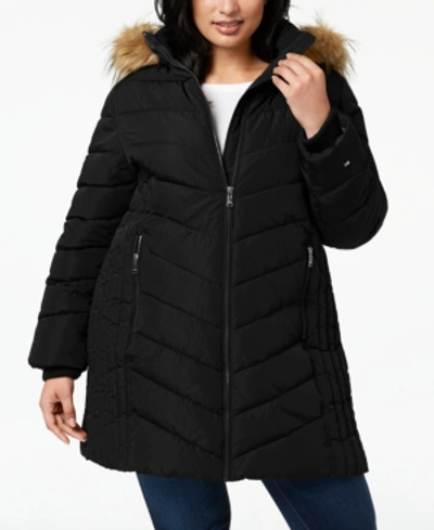 Tommy Hilfiger Plus Size Faux-fur Trim Hooded Water-resistant Puffer Coat, Created For Macy's In Black