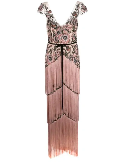 Marchesa Notte Beaded Floral Fringed Gown In Pink
