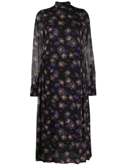 Ganni Floral Print Georgette Long Sleeve Midi Dress In Black