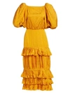 JOHANNA ORTIZ Isolated Treasure Floral Jacquard Puff-Sleeve Ruffle Plissé Midi Sheath Dress