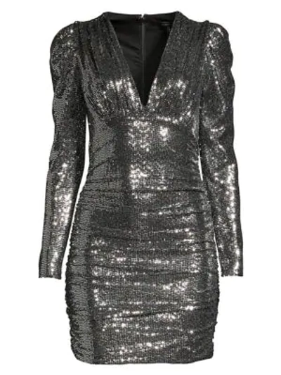 Bcbgmaxazria Ruched Gunmetal Sequin Cocktail Dress In Silver Combo |  ModeSens
