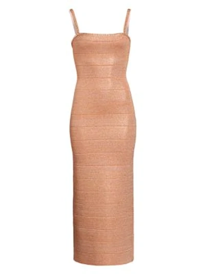 Herve Leger Embellished Metallic Midi Dress In Rose Gold