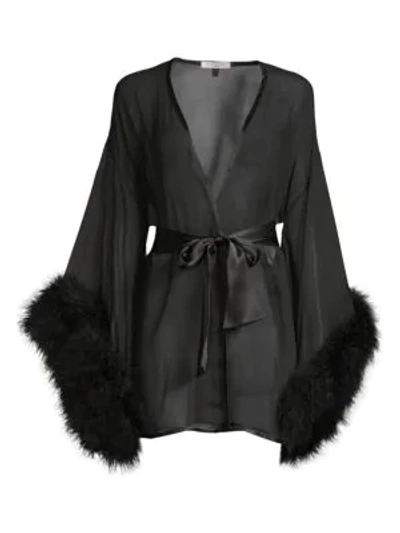 Gilda And Pearl Marabou-trim Silk Kimono In Black