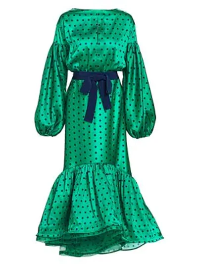 Silvia Tcherassi Ethel Polka Dot Puff Sleeve Ruffled Midi Dress In Emerald Navy