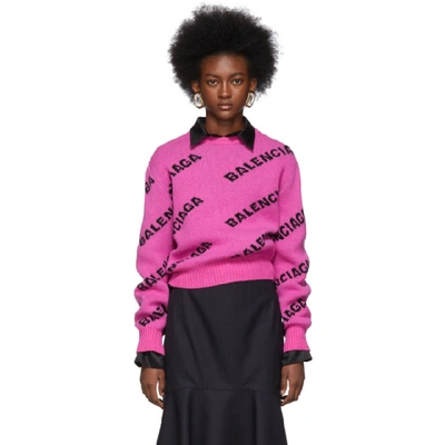 Balenciaga Logo Jacquard Wool Blend Crop Sweater In Pink