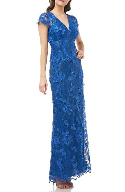 Carmen Marc Valvo Infusion Petals Embellished Gown In Sapphire