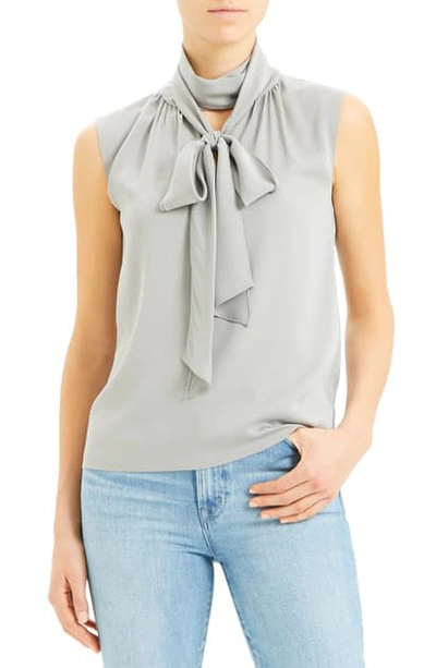 Theory Scarf Tie Sleeveless Stretch Silk Blouse In Grey Violet