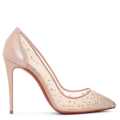 Christian Louboutin Follies 100 Crystal-embellished Mesh And Metallic Leather Pumps In Beige