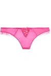 AGENT PROVOCATEUR AYLA LEAVERS LACE AND PICOT-TRIMMED STRETCH-SILK SATIN THONG