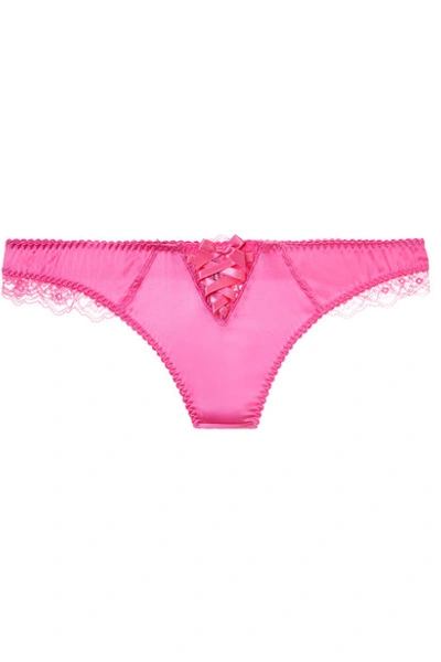 Agent Provocateur Ayla Leavers Lace And Picot-trimmed Stretch-silk Satin Thong In Fuchsia