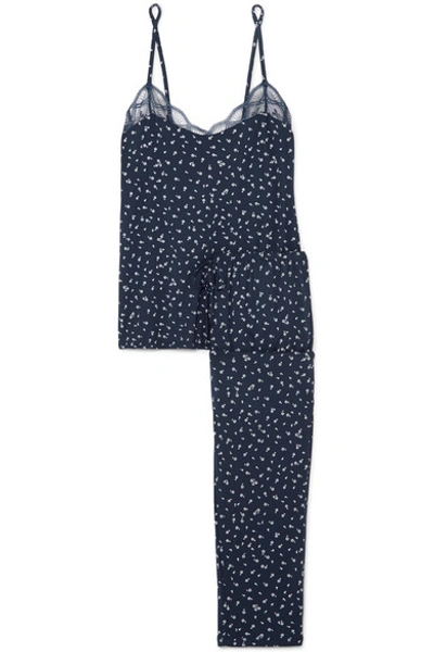 Eberjey Bloom Lace-trimmed Floral-print Stretch-modal Jersey Pajama Set In Navy
