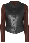 PUSHBUTTON PANELED FAUX LEATHER AND RIBBED WOOL TOP
