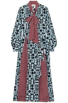 ARIAS PUSSY-BOW BELTED PRINTED SILK MAXI DRESS