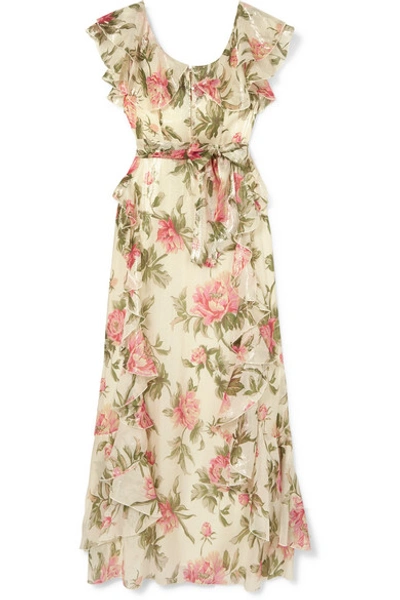 Alice Mccall Salvatore Ruffled Metallic Floral-print Chiffon Maxi Dress In Blush