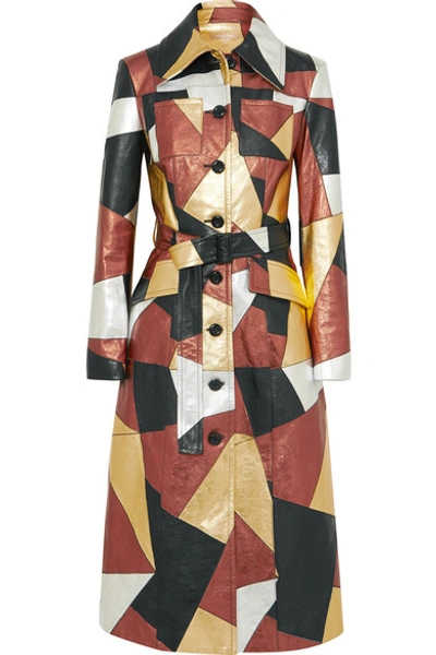 Michael Kors Belted Patchwork Metallic Leather Coat In Gold