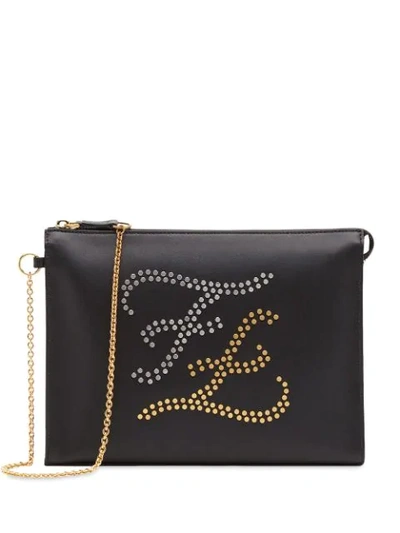 Fendi Karligraphy Studded Pouch In Black